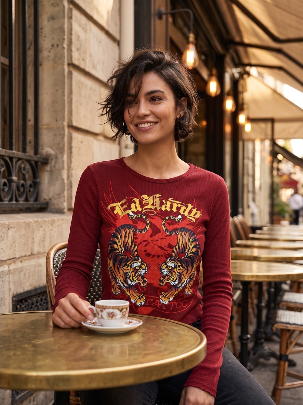 Ed Hardy Red Burgundy Long-Sleeve Shirt Tiger Graphic Waffle Knit Crop Top Large - Picture 6 of 9
